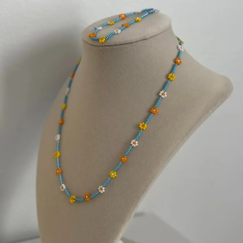 Blue and yellow beaded flower necklace and bracelet set   Handmade - Picture 3 of 3